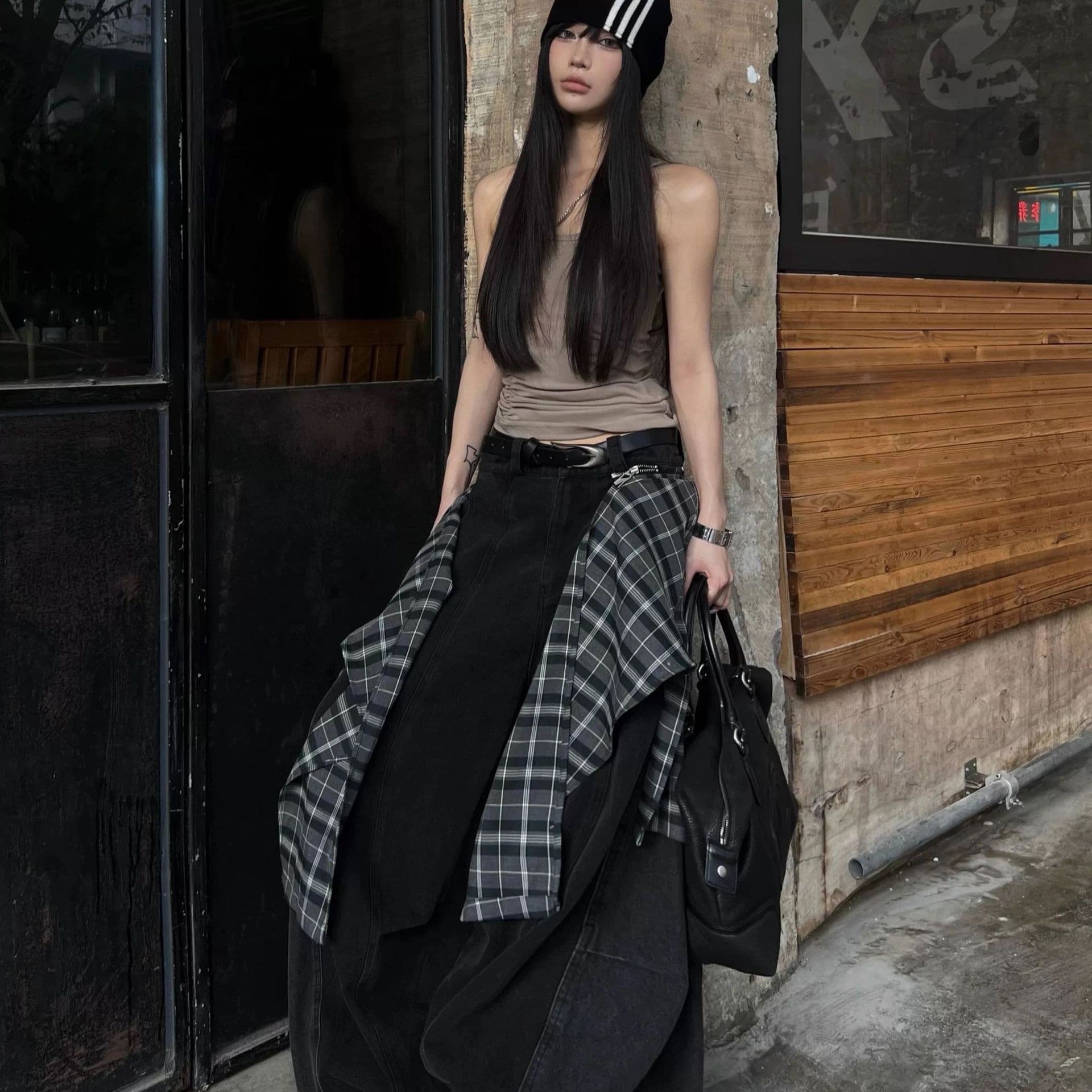 Detachable Plaid Butt Flap Washable Oversized Denim