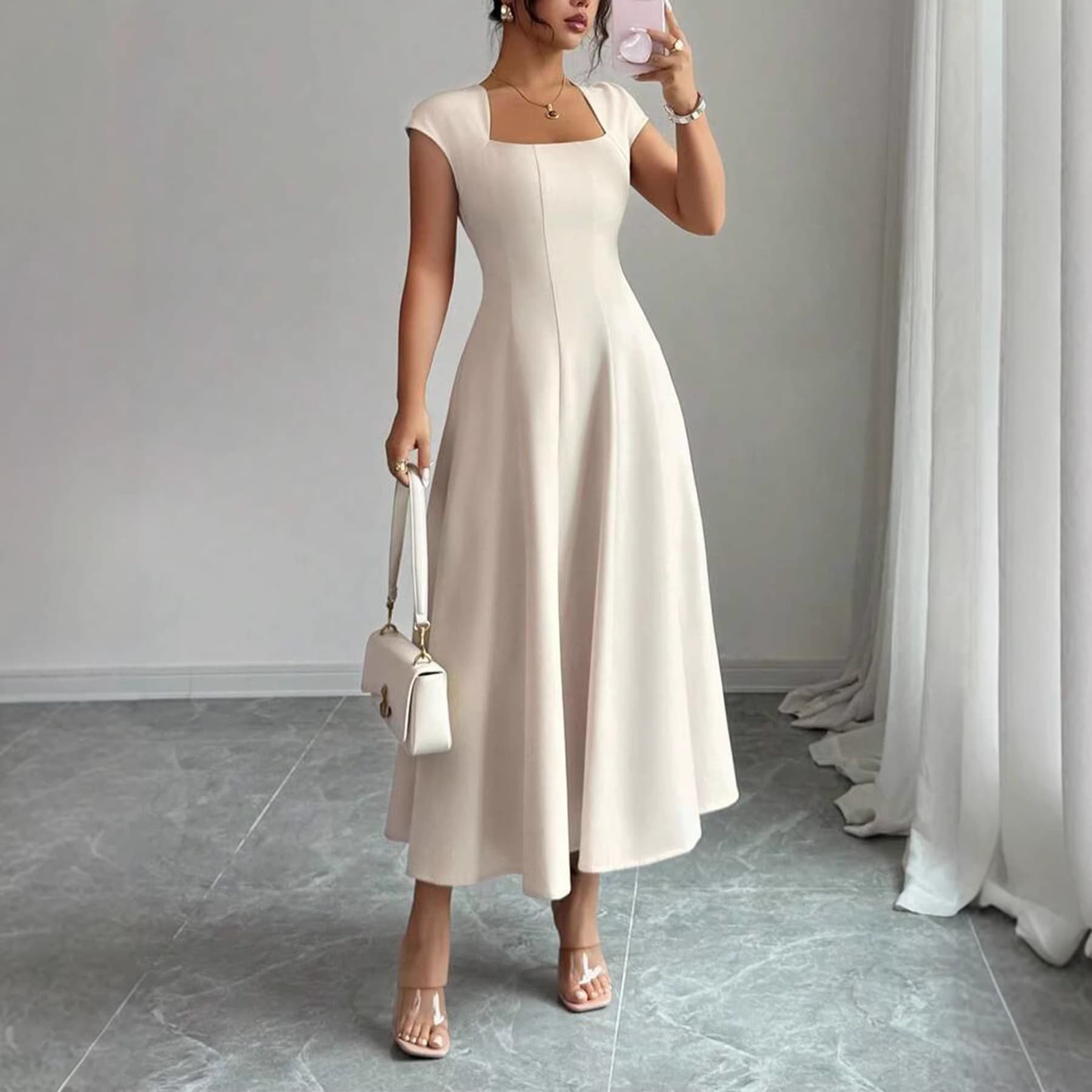 Elegant Long Dress with a Square Neckline and Short